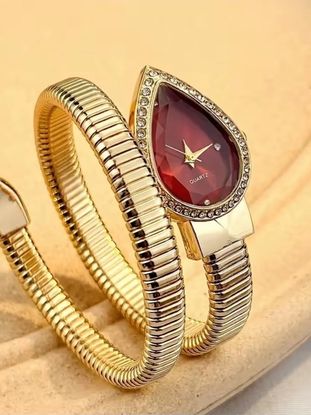 & Other Stories Gold Coil Bangle Watch with Red Teardrop Dial